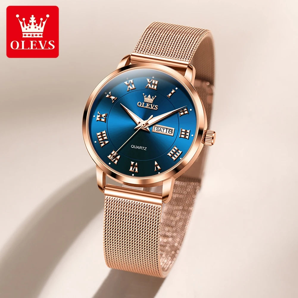 OLEVS Luxury Women's Quartz Watch | Week Calendar, Waterproof, Luminous, Milanese Mesh Belt