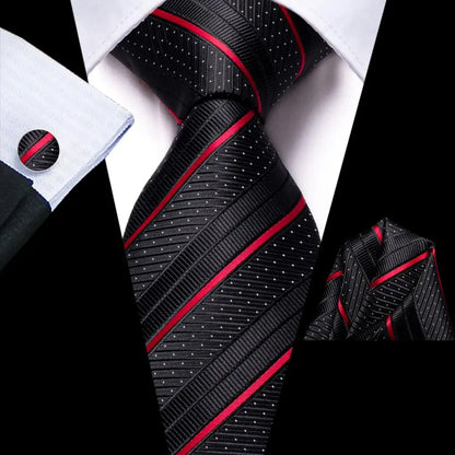 Black Red Striped Silk Wedding Tie For Men Handky Cufflink Gift Men Necktie Fashion Business Party Dropshiping Hi-Tie Designer 3475