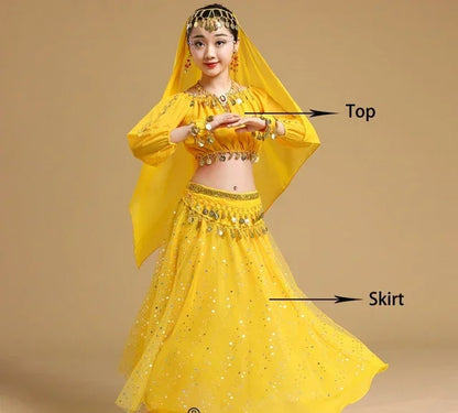 Girls' Indian Belly Dance Costume Set | Bollywood Sari Outfit for Children Yellow 2pcs