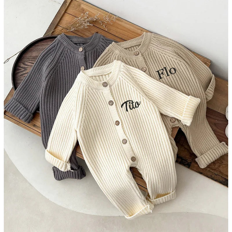 Personalized Solid Knitting Cotton Long Sleeve Outfit Toddler Baby Boys Girl Romper Spring Autumn Newborn Baby Girls Jumpsuit