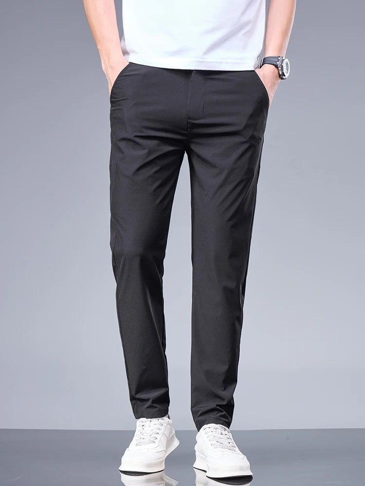 Summer New Business Ice Silk Pants Straight Elastic Waist Black Gray Trousers Breathable Simple Male Clothing Casual Suit Pants