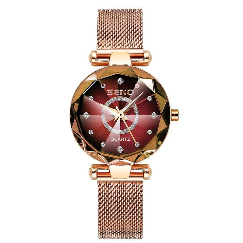 SENO Ocean Star Women Crystal Watch 2024 Top Brand Luxury Rose Gold Women Bracelet Watch for Ladies Wrist Watch Relogio Feminino mesh red