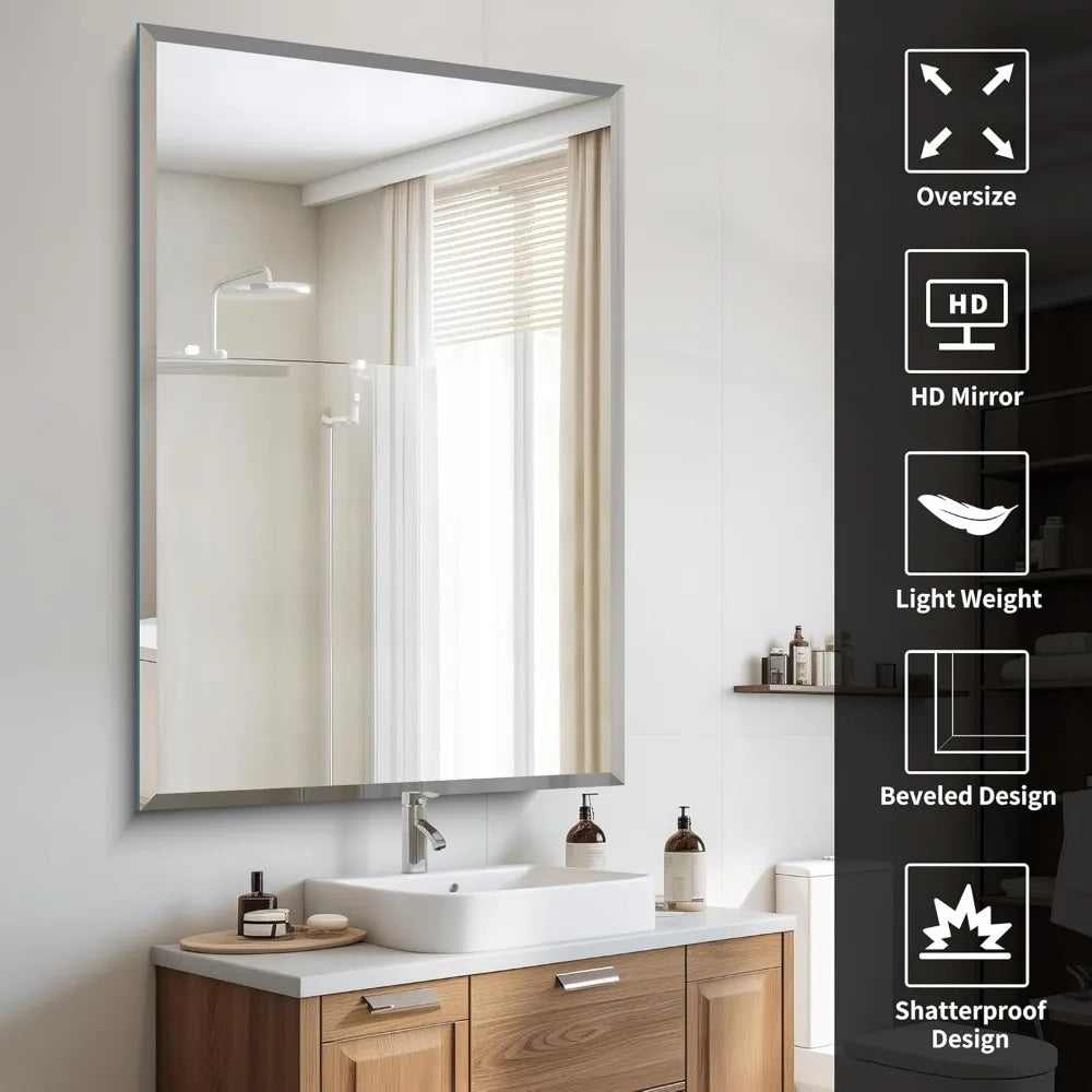 Beveled Bathroom Mirror, 36x55 Inch Large Bathroom Mirrors for Over Sink, Upgraded Shatterproof Beveled Frameless Vanity Mirror