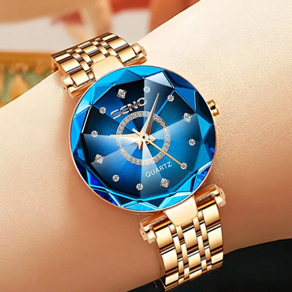 SENO Ocean Star Women Crystal Watch 2024 Top Brand Luxury Rose Gold Women Bracelet Watch for Ladies Wrist Watch Relogio Feminino blue