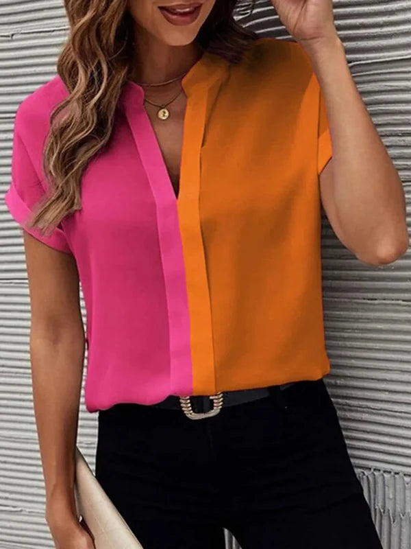 Uoozee 2024 New Summer Women Fashion Contrast Color Patchwork Split-Joint V-Neck T-Shirts Short Sleeves Casual Daily Tops PINK ORANGE