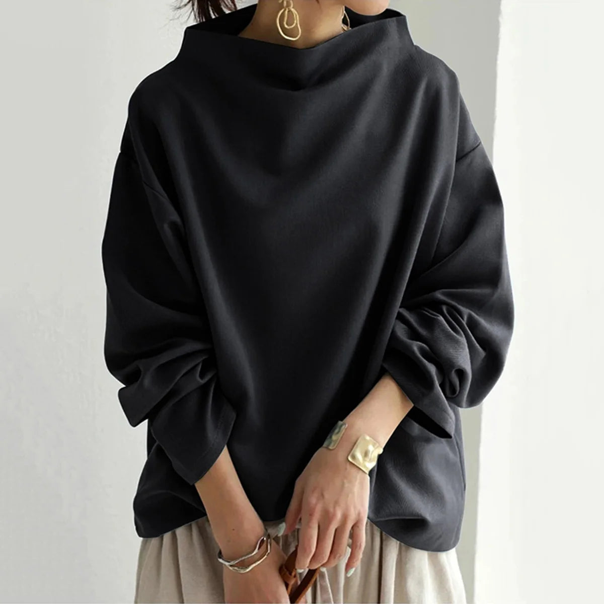 Uoozee 2024 Spring Female Tops Fashion Casual Solid Color High-Neck Long Sleeves Loose Cotton Black Shirts For Women BLACK