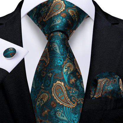 8cm Green & Gold Paisley Silk Polyester Tie Set | Wedding & Party Accessories with Pocket Square & Cufflinks | DiBanGu Necktie Gift SJT-0013