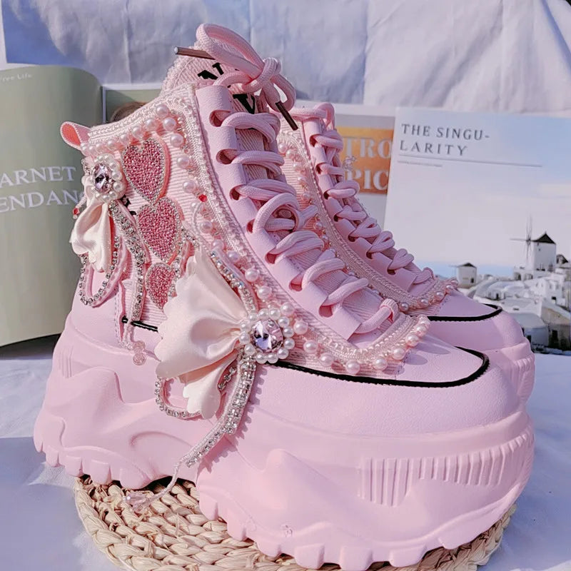 Sweet Pink Casual High Platform Sneakers for Women | Lace-Up Ankle Booties with Pearls & Rhinestones | Thick Bottom Ladies Casual Shoes