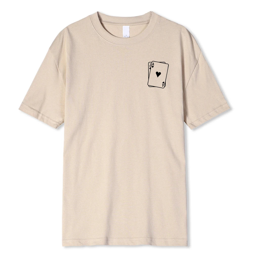 Playing Card Spades A Print Mens Cotton T-Shirts All-math Fashion Short Sleeve Breathable Oversize O-Neck Tops Male Tee Clothing Beige