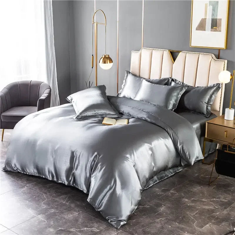 100% Mulberry Silk Bed Set Queen King Duvet Cover Fitted Sheet Pillowcase Luxury Sets silver Flat Bed Sheet Queen size 4pcs