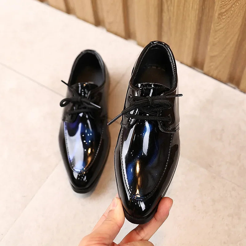 Kids Pointed Toe Leather Shoes for Boys - Britain Style Low-Heeled Lace-Up Fashion Shoes for Party, Wedding, and Performance Blue