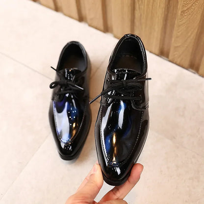 Kids Pointed Toe Leather Shoes for Boys - Britain Style Low-Heeled Lace-Up Fashion Shoes for Party, Wedding, and Performance Blue