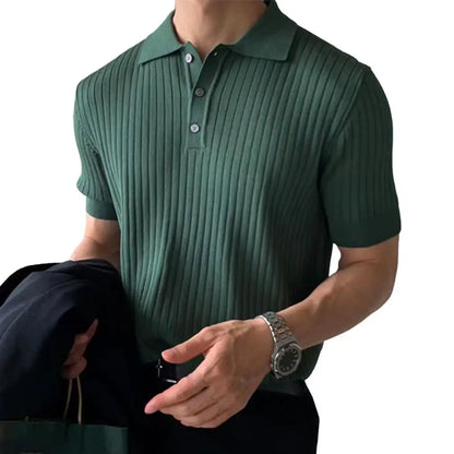 Lapel Short Sleeve Buttons Half Placket Loose Men Summer T-shirt Knitting Ribbed Shirt Top Streetwear green