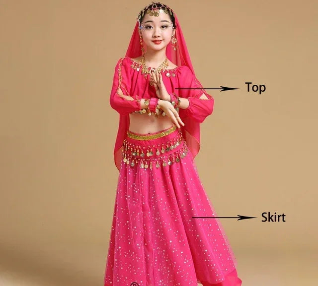 Girls' Indian Belly Dance Costume Set | Bollywood Sari Outfit for Children Rose red 2pcs