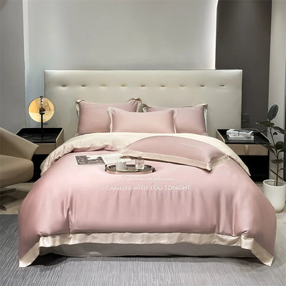 Fashion silk bed cover set for all seasons, queen size. Pink Beige 200*230cm