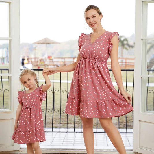 PatPat Family Matching Mother-Daughter Dresses – All Over Dots Pink Cross Wrap V-Neck Ruffle Flutter-Sleeve