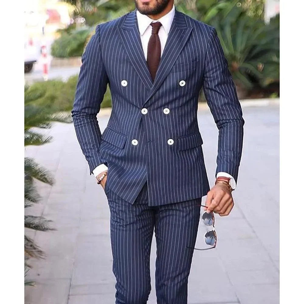 Slim Fit Striped Men's Suit 2-Piece Blazer & Pants for Wedding Groom