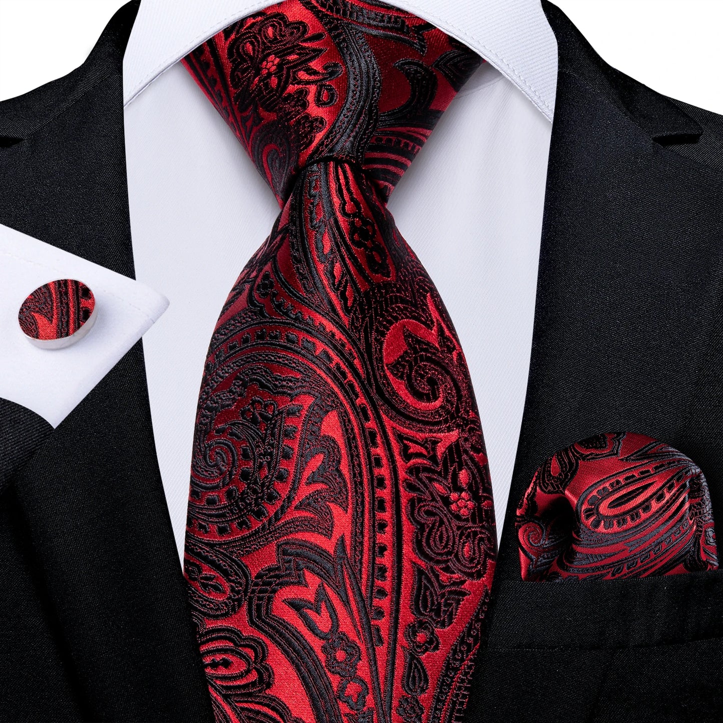 Luxury Red Plaid Silk Tie Set for Men | Business & Wedding Accessories with Handkerchief & Cufflinks | DiBanGu Designer Collection N-7464