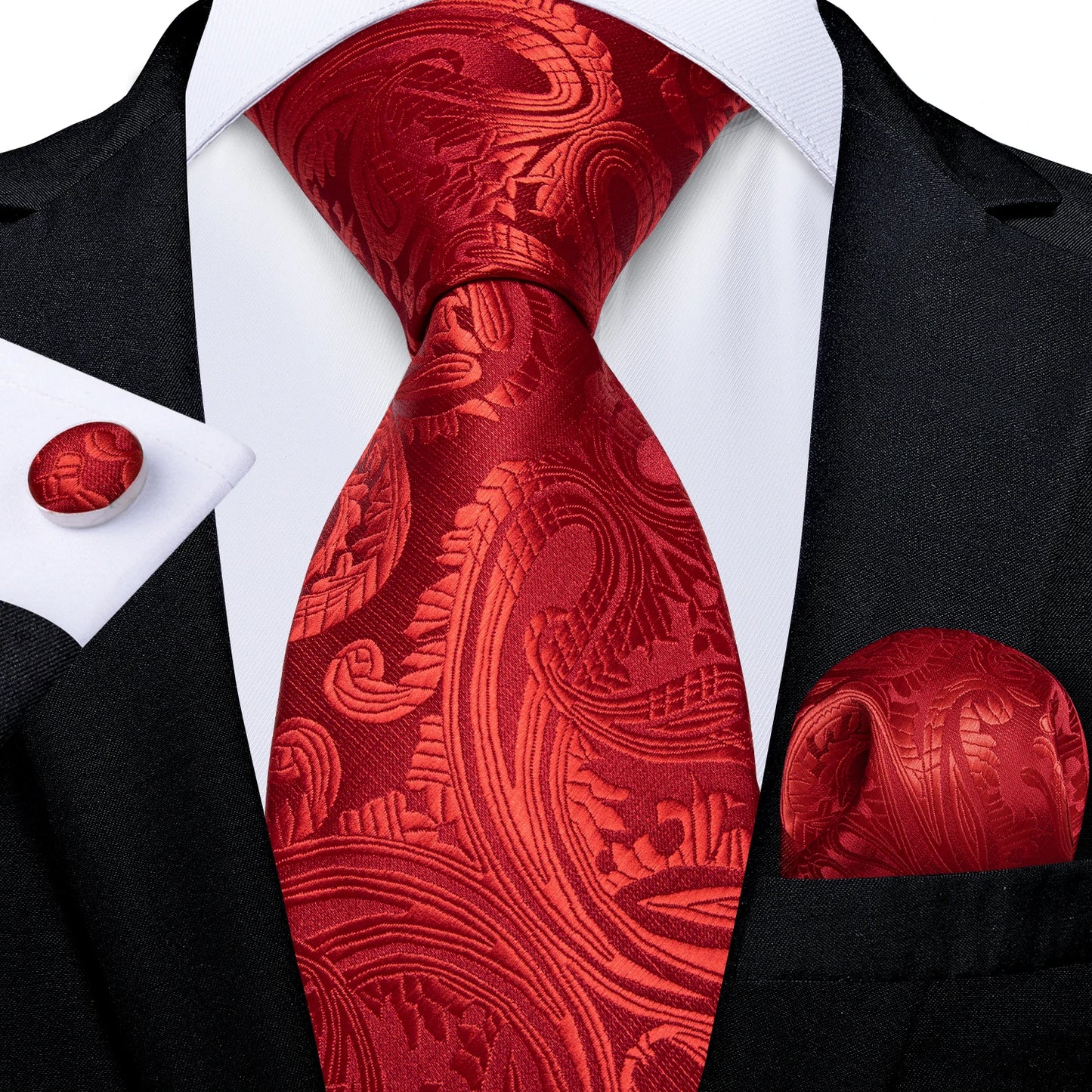 Luxury Red Plaid Silk Tie Set for Men | Business & Wedding Accessories with Handkerchief & Cufflinks | DiBanGu Designer Collection N-7416