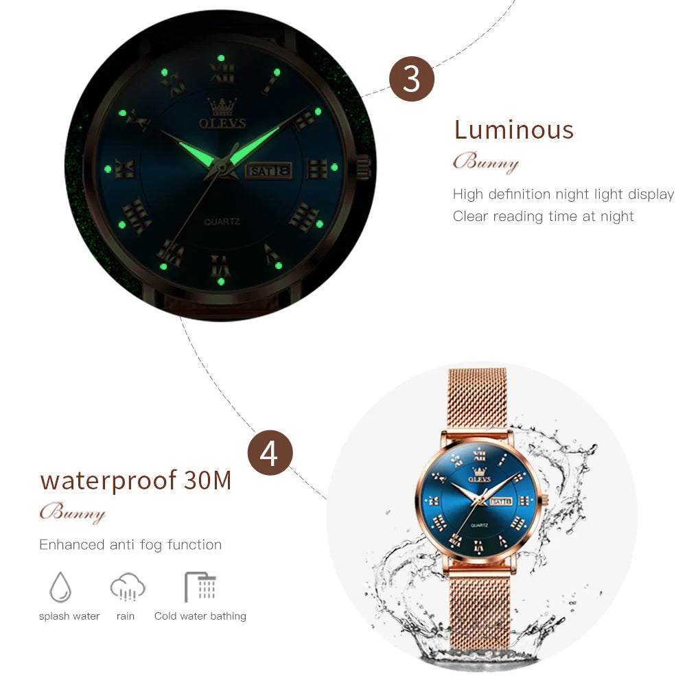 OLEVS Luxury Women's Quartz Watch | Week Calendar, Waterproof, Luminous, Milanese Mesh Belt