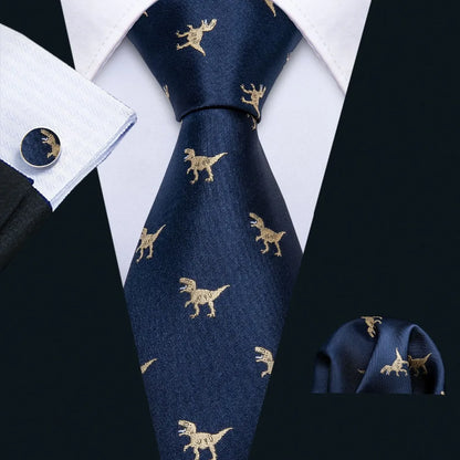 Men's Navy Gold Dinosaur Pattern Necktie Set | 8.5cm Silk Tie for Wedding & Business | Barry.Wang FA-5191