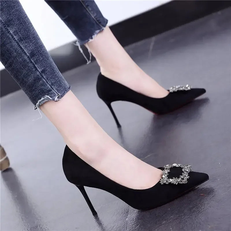 Women's Mid-Heeled Sandals - Black Square Buckle, Pointed Toe, Thin Heel for Banquets & Formal Events