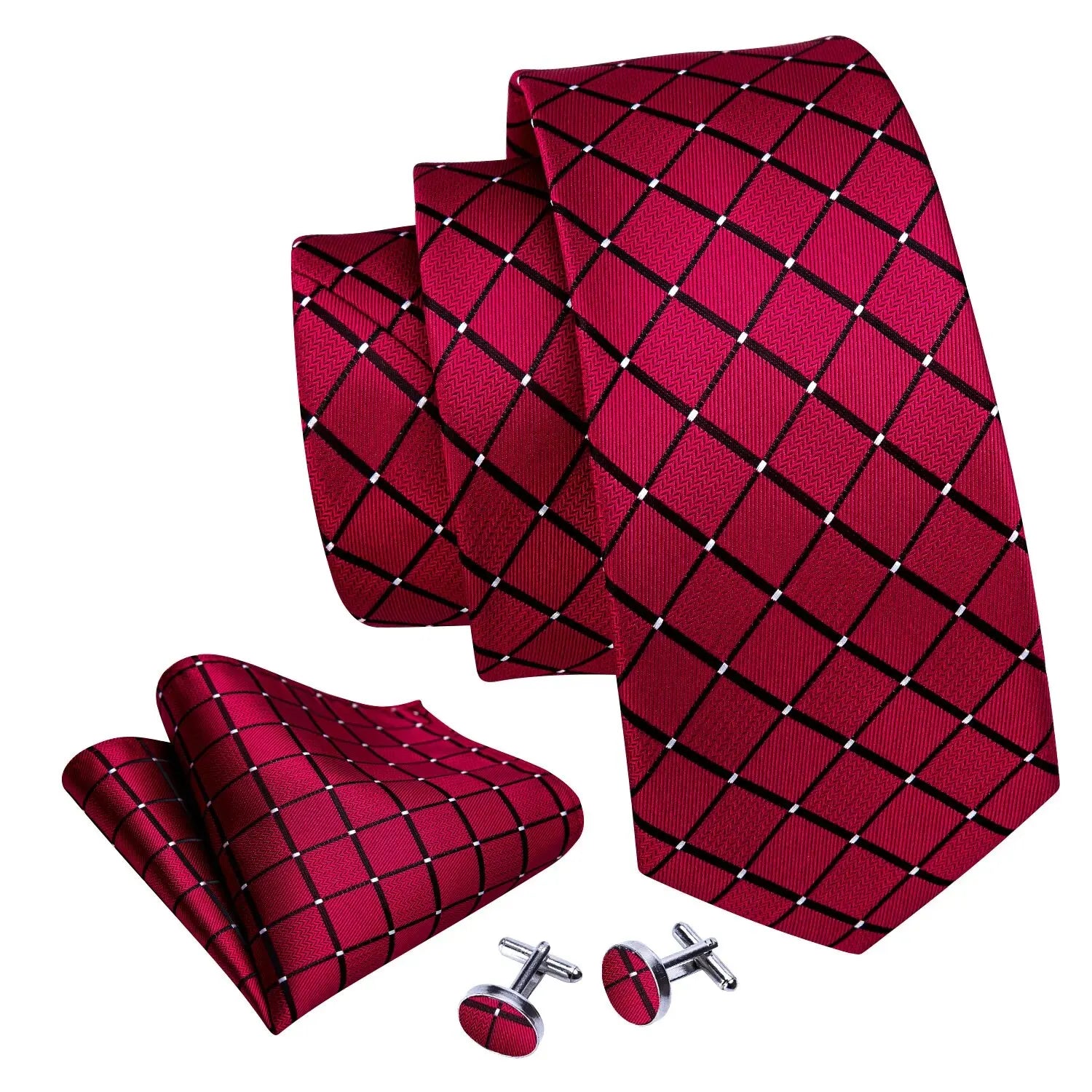 Barry.Wang Men’s Jacquard Plaid Tie Set – Navy, Pink, Black Necktie with Handkerchief & Cufflinks