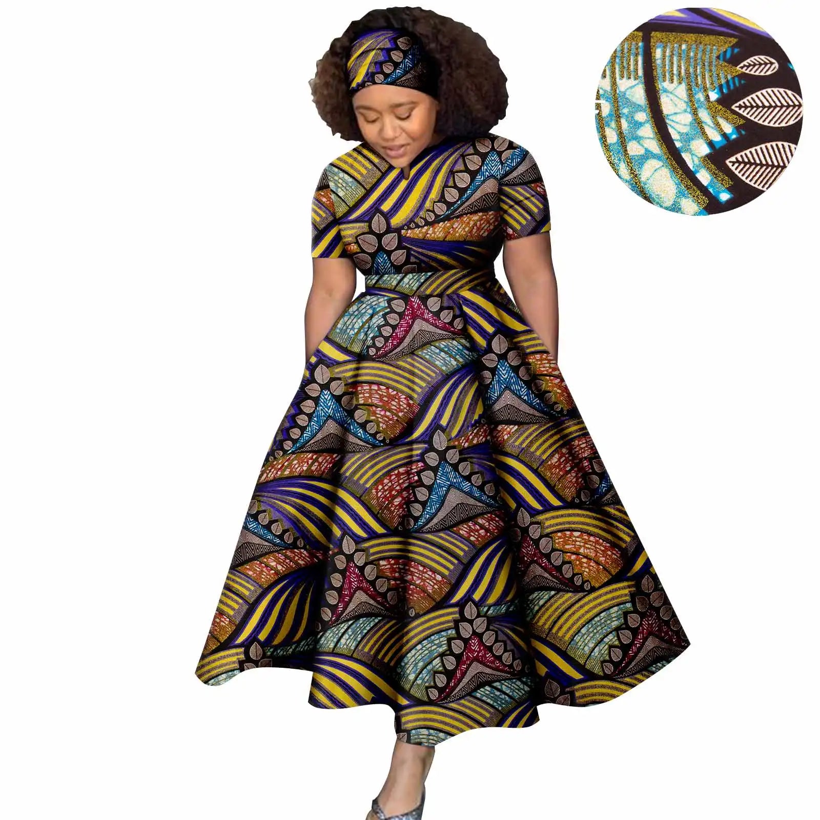 African Women Dress Dashiki Ankara Elegant Ladies Short Sleeves Dress Party Evening Prom with Headscarf Evening Dress Y2225024 359j Free size