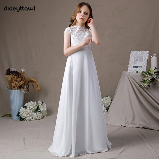 Dideyttawl Lace Chiffon First Communion Gown | A-Line High Neck Junior Bridesmaid Dress with Cap Sleeves Ivory