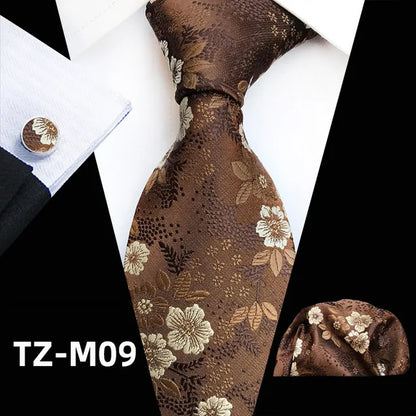 Floral Pink Silk Tie Set for Men – Wedding & Party Neck Tie with Handkerchief, Brooch, and Cufflinks TZ-M09