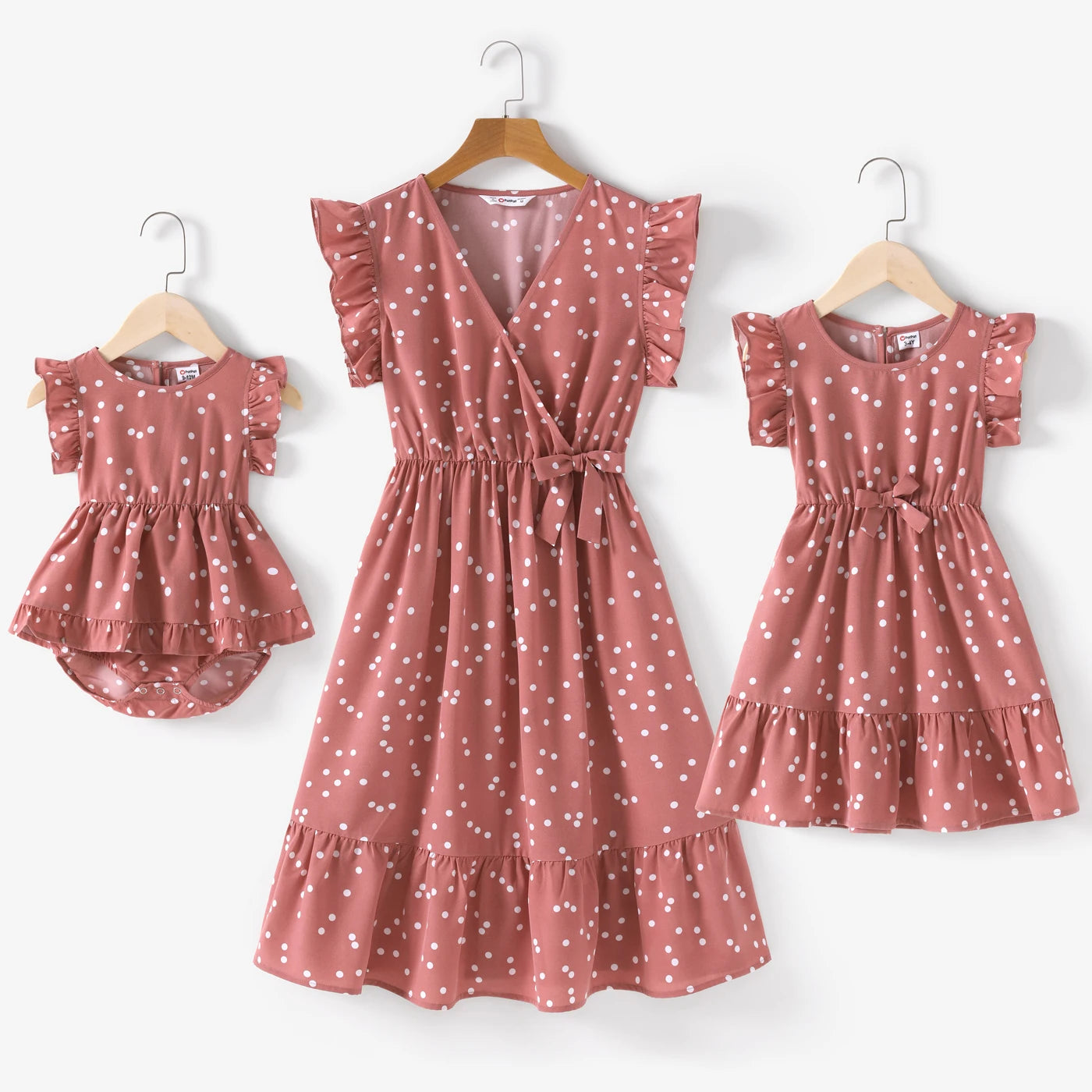 PatPat Family Matching Mother-Daughter Dresses – All Over Dots Pink Cross Wrap V-Neck Ruffle Flutter-Sleeve Pinky White