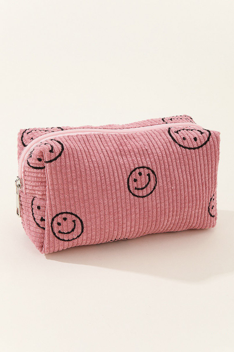 Zenana Smiley Face Corduroy Cosmetic Pouch Pink One Size