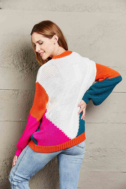 Color Block Round Neck Drop Shoulder Sweater