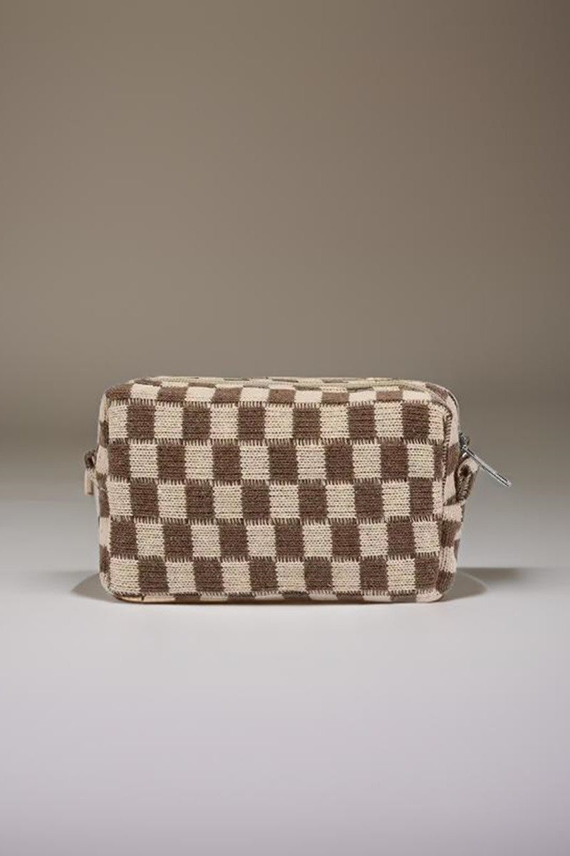 Zenana Checkered Pattern Knitted Cosmetic Pouch Mocha One Size