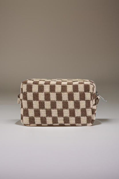 Zenana Checkered Pattern Knitted Cosmetic Pouch Mocha One Size