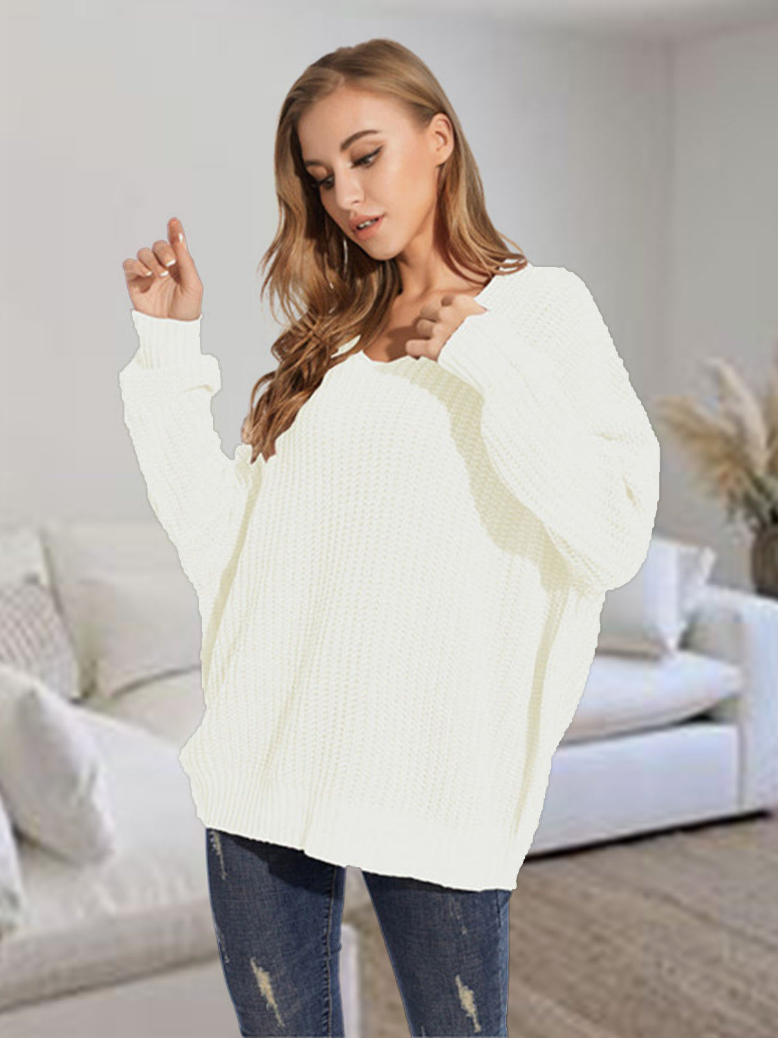 V-Neck Batwing Dropped Shoulder Sweater