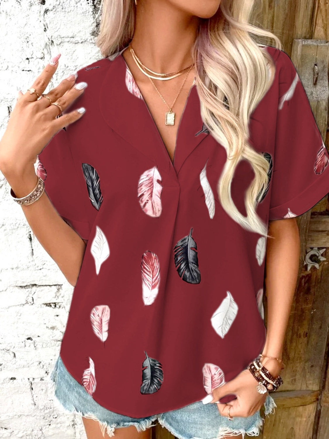 Full Size Printed Collared Neck Short Sleeve Blouse Burgundy