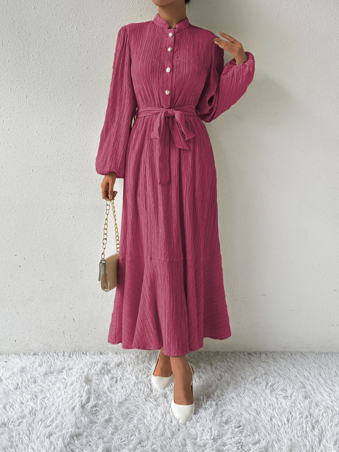 Tie Waist Long Sleeve Dress - Thandynie