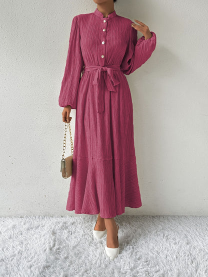 Tie Waist Long Sleeve Dress Deep Rose