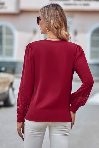 Spliced Lace V-Neck Puff Sleeve Shirt