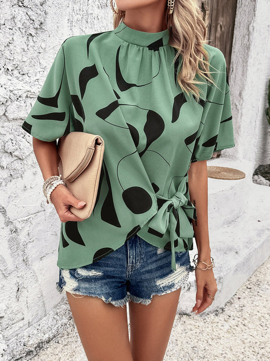 Tied Printed Mock Neck Half Sleeve Blouse Light Green