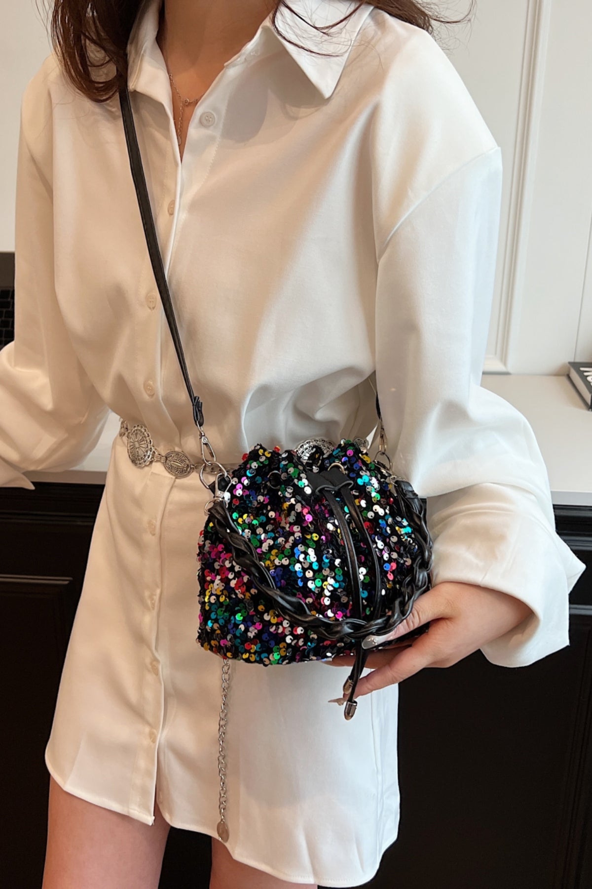 Sequin Drawstring Bucket Bag Multicolor One Size