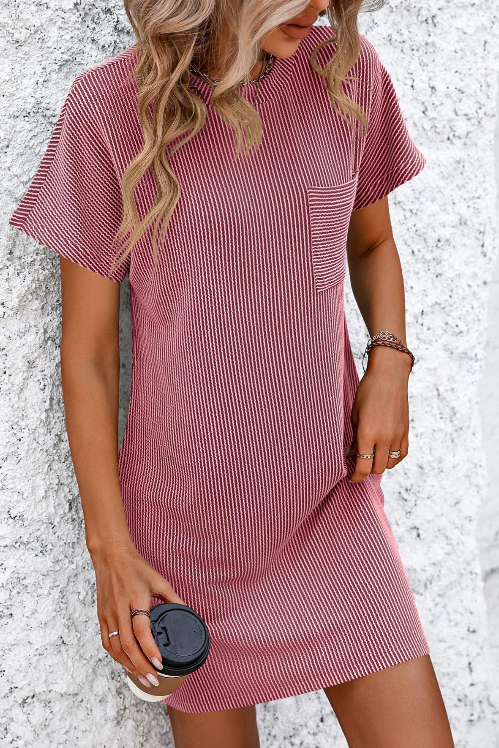 Ribbed Striped Short Sleeve Mini Tee Dress Deep Rose