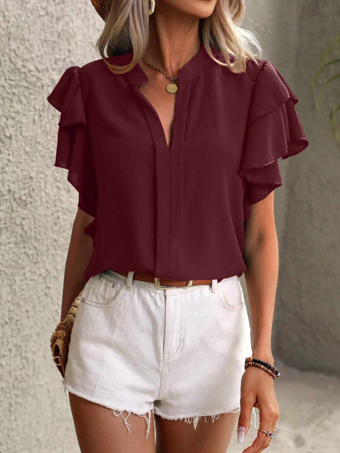 Ruffled Notched Short Sleeve Blouse Burgundy