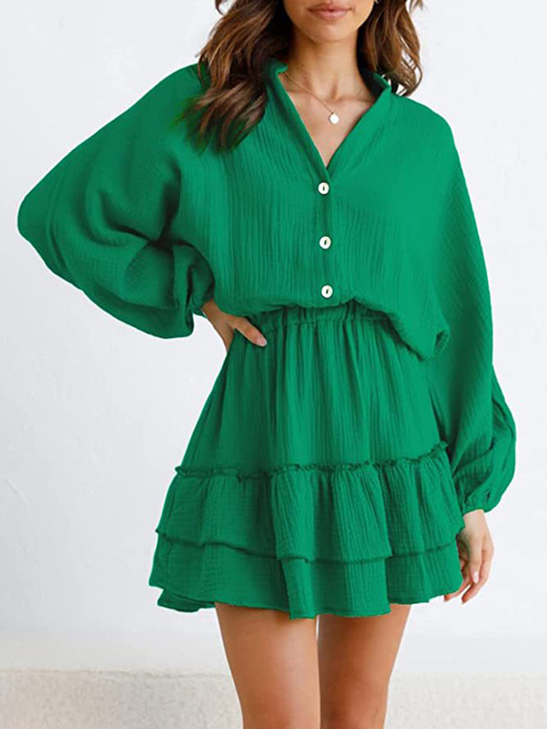 Ruffled Notched Balloon Sleeve Mini Dress