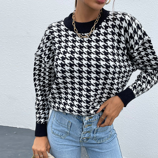 Houndstooth Round Neck Drop Shoulder Sweater Black