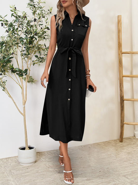Button Up Sleeveless Midi Dress Black
