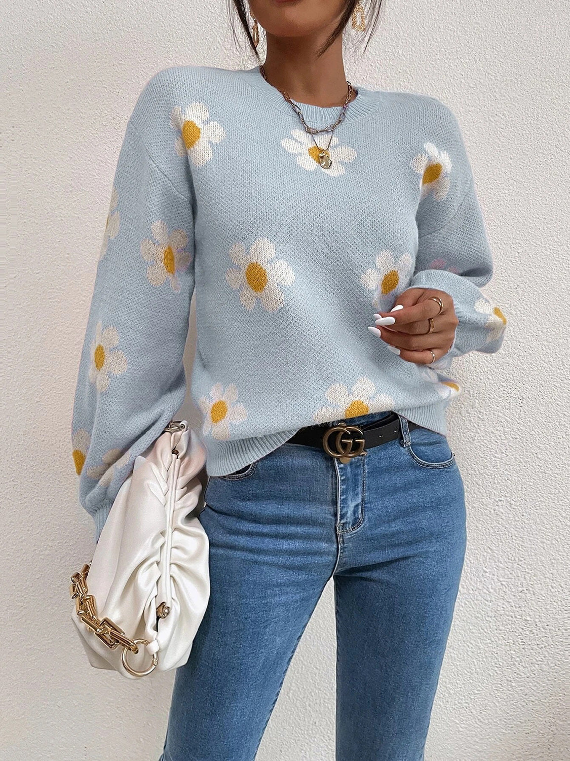 Flower Round Neck Latern Sleeve Sweater Misty Blue