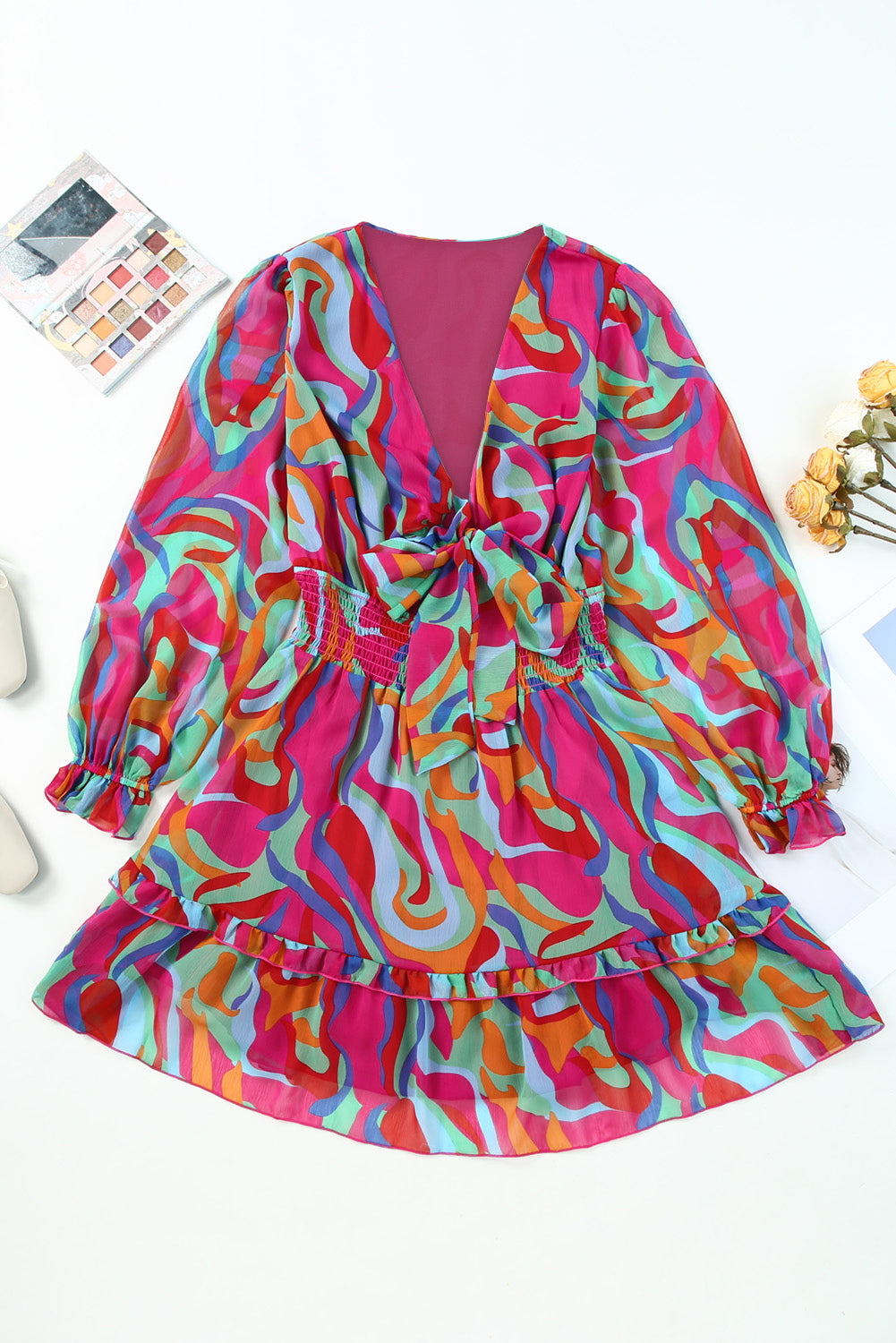 Printed Flounce Sleeve Mini Dress Multicolor