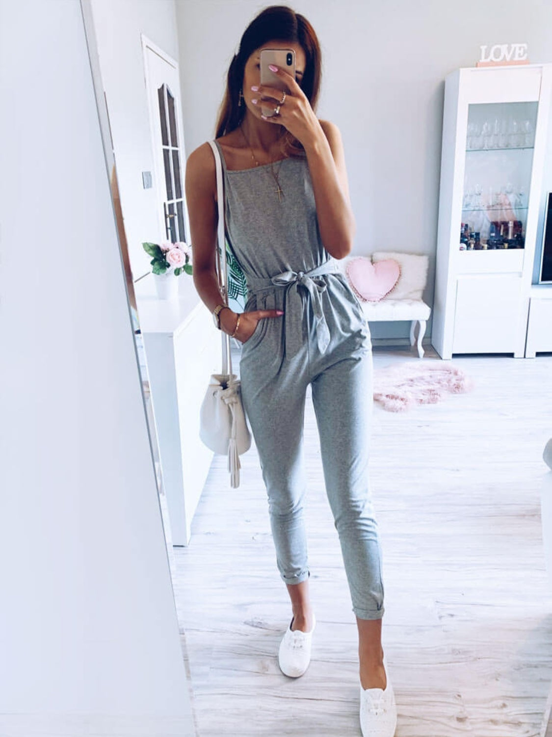 Tied Spaghetti Strap Square Neck Jumpsuit Gray